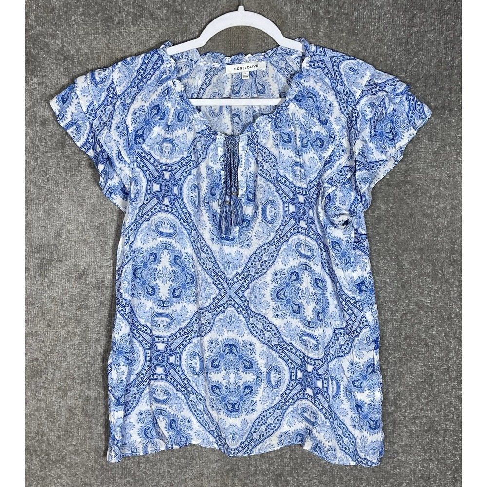 Rose + Olive Tiered Sleeve Keyhole Tassel Top Womens Size L Blue Paisley Floral